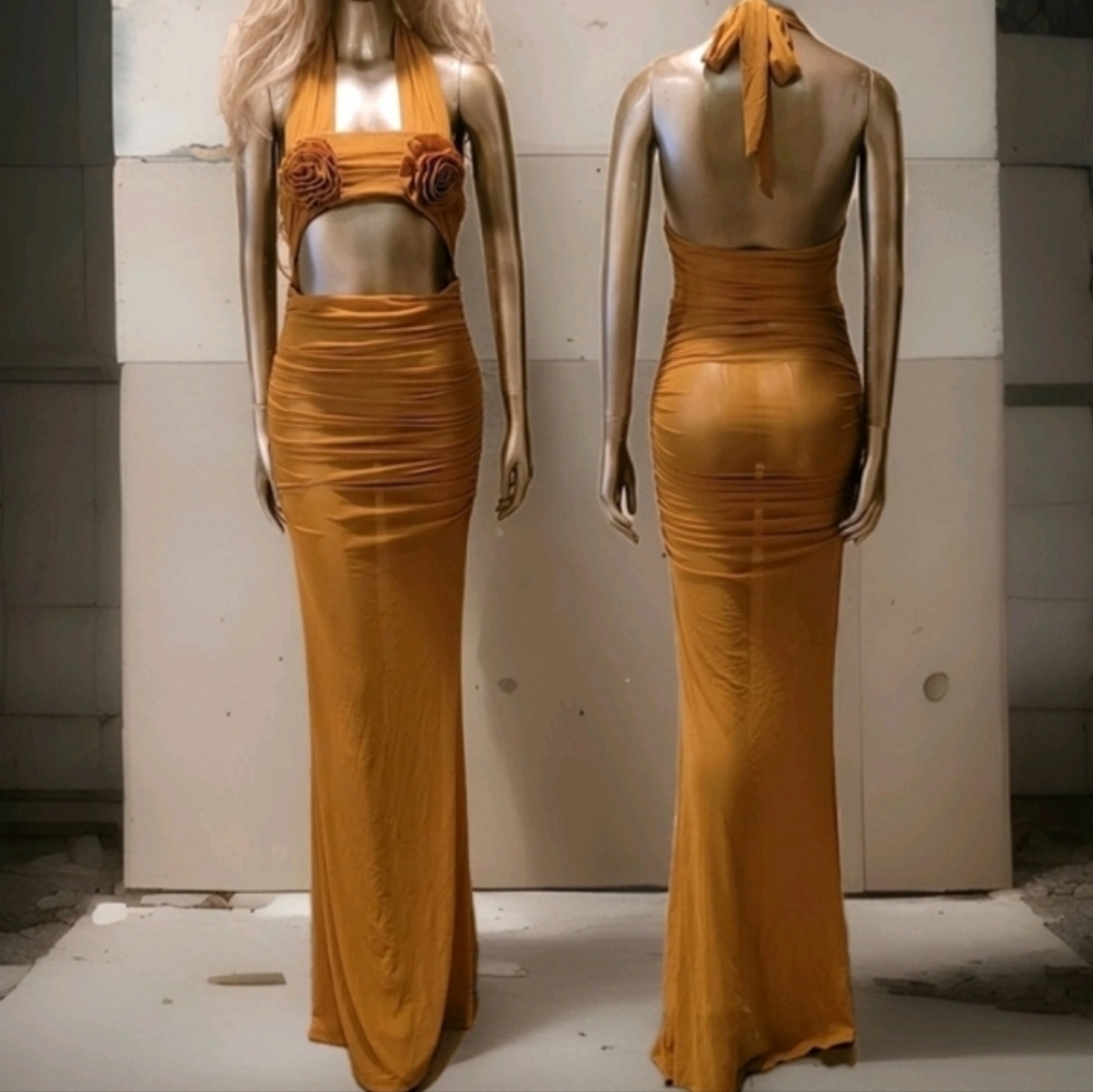 NWT Elegant Rosette Halter Neck Mesh Ibiza Festival Resort Bodycon Maxi Dress - Picture 14 of 16